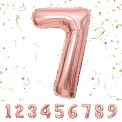 Afbeelding van Ballonnen verjaardag 7 jaar roségoud 101 cm ballon cijfer decoratie 7e vlinderdas met helium