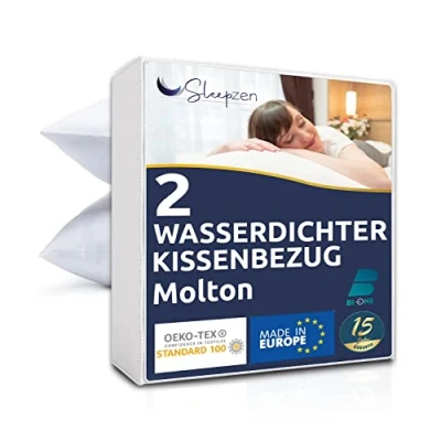 Afbeelding van SLEEPZEN Kussenbeschermer, 40 x 70 cm, waterdicht, gemaakt in de EU, Oeko Tex® gecertificeerd, katoen, gerecycled, GRS®, zacht, stil, onder kussensloop, 2 stuks, ritssluiting, mijt en bedwants
