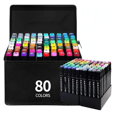 Afbeelding van Home Markt24 Alcoholmarker, dubbelzijdige stiften, set van 80 stuks + tas, hoge pigmentatie, waterdicht, duurzaam, perfect voor kunstenaars en kleurboeken