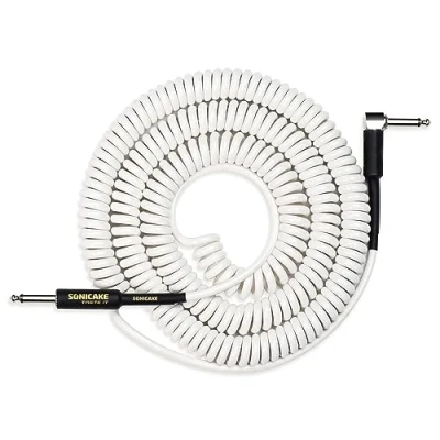 Afbeelding van SONICAKE 10 m gitaarinstrumentenkabel 6,3 mm coilkabel voor gitaar, bas, spiraalkabel met schuine stekker en standaard aansluiting, wit