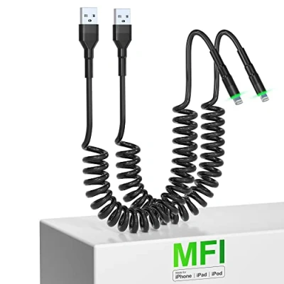 Afbeelding van lightning spiraalkabel, 2 stuks, compatibel met Apple carplay en MFi gecertificeerd, intrekbare iPhone kabel gegevenssynchronisatie led, voor iPhone/Pad/Pod