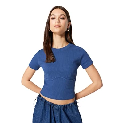 Afbeelding van Trendyol Zwarte Cropped Geribde Elastische Gebreide Blouse Met Ronde Hals En Gedetailleerde Biezen Twoaw21Bz0638