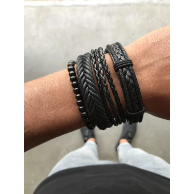 Afbeelding van Joboly Stoere multilayer mannen / Heren armband set gevlochten kralen Zwart 22 cm