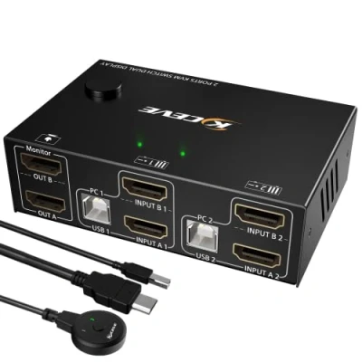 Afbeelding van Dual Monitor KVM Switch HDMI 2 poort 4K@60Hz, MLEEDA monitoren voor computers delen en 4 USB 2.0 hub, desktop controller kabel inbegrepen