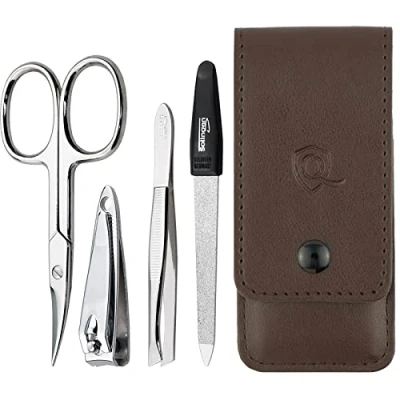 Afbeelding van marQus Solingen Duitsland Manicureset 4 delig inclusief schaartje, nagelvijl, nagelknipper en pincet met koffer perfect voor hem of haar thuis op reis , Bruin