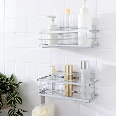 Afbeelding van KincMax 2x doucherek Hangend metaal Douche wandrek zonder boren badkamerrek Badkamer accessoires organizer Zilverkleurige doucherekjes