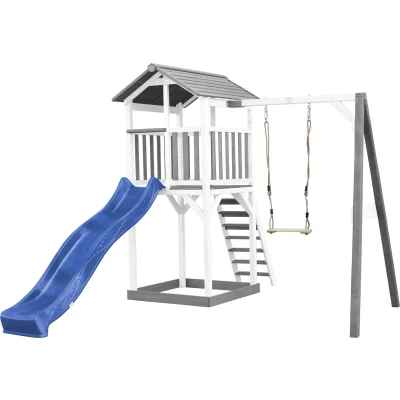 Afbeelding van AXI Beach Tower Speeltoestel van hout in Grijs en Wit Speeltoren met zandbak, schommel blauwe glijbaan