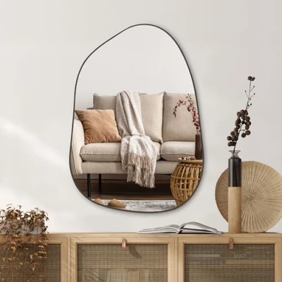 Afbeelding van PERFNIQUE Onregelmatige wandspiegel, asymmetrische spiegel, 69 x 48 cm, zwart met houten lijst voor badkamer, slaapkamer, woonkamer, entree, decoratief, modern, wanddecoratie (zwart, cm)