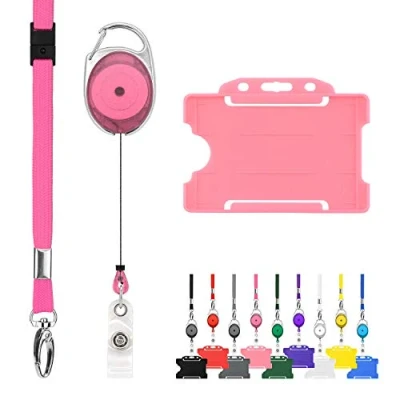 Afbeelding van CKB ltd oprolbare kaarthouder inclusief kaarthouder, keycord en afrolmechanisme pashouder badgehouder pasjes sleutelhanger met koord lanyard keykoord sleutelkoord trekkoord badge uittrekbare skipashouder badges naambadge houder keycords key Roze
