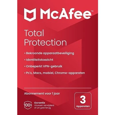 Afbeelding van McAfee Total Protection 2024 3 apparaten antivirusvirussoftware, internetbeveiliging inclusief VPN, wachtwoordbeheer pc/Mac/Android/iOS 1 jarig abonnement per post
