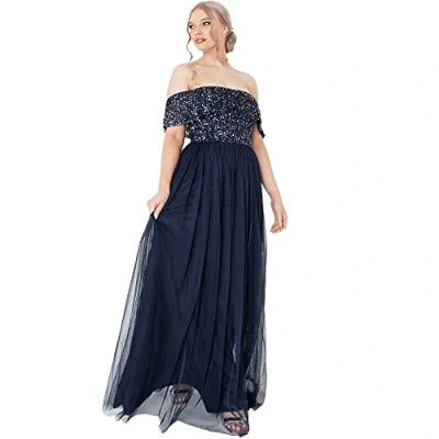 Afbeelding van Maya Deluxe Vrouwen dames bardot jurk maxi verfraaid hoogte rijk taille mouwloze tule voor bruiloft gast prom afstuderen bruidsmeisje, marineblauw, 32