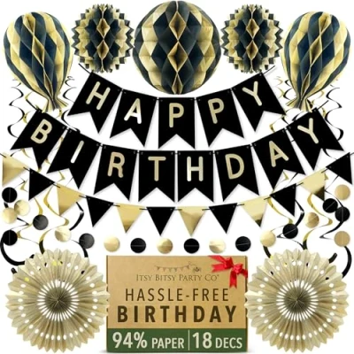 Afbeelding van Premium herbruikbare verjaardagsfeestdecoraties verjaardagsdecoratieset feestbenodigdheden Happy Birthday banner, verjaardagsslinger, honingraatdecoraties, pompoms, streamers (zwart en goud)