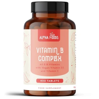 Afbeelding van Vitamine B complex 400 zeer effectieve veganistische tabletten (1 jaar + voorraad) Alle 8 vitaminen B1 B2 B5 B6 B12, biotine, foliumzuur, Vit C &amp; D3 Energieboost en immuunondersteuning Alpha