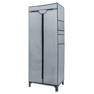 Afbeelding van Intirilife Opvouwbare kledingkast van GRIJS textiel, 68 x 45 175 cm met rits, kledingstang, vakken en zijvak Textielgarderobe voor op de camping