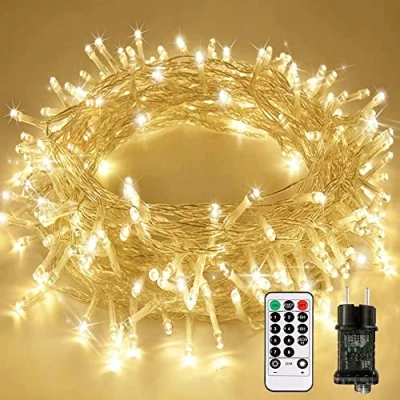 Afbeelding van Led lichtsnoer, stroom 15 m, 100 leds, met afstandsbediening, timer, geheugenfunctie, lichtketting, IP65 waterdicht, voor binnen en buiten, laagspanning, lichtketting feest, Kerstmis, tuin, kamer