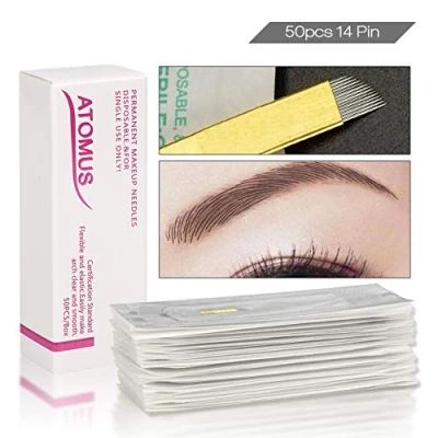Afbeelding van 50 stks Microblading Permanente Naalden 3D Make Up Wenkbrauw Tattoo Naald Pen PCD 14 Pins Kit