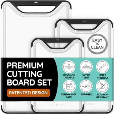 Afbeelding van snijplanken voor keuken Plastic snijplank set van 3, vaatwasmachinebestendige met sapgroeven, dikke vlees, groenten, fruit, gemakkelijk te grijpen, antislip (zwart)