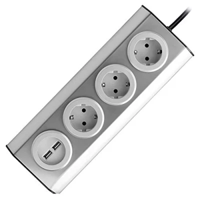 Afbeelding van Hoekstopcontact keuken 3 Voudig 2 USB RVS / INOX 1.5 Meter kabel