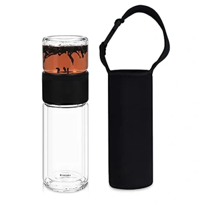 Afbeelding van Navaris glazen theefles met zeef Theebeker voor onderweg Fles thee infuser en beschermhoes Inhoud 240 ml RVS Borosilicaatglas Zwart