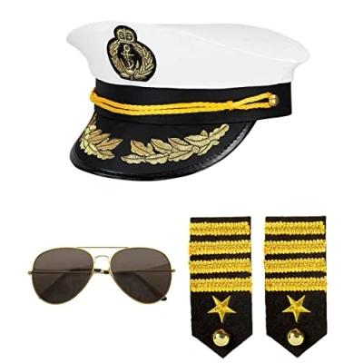 Afbeelding van Widmann 68543 Kostuumset kapitein, muts, 2 Epauletten en bril, marine captain, accessoires, carnaval, verkleding, themafeest, uniseks, volwassenen, meerkleurig, eenheidsmaat