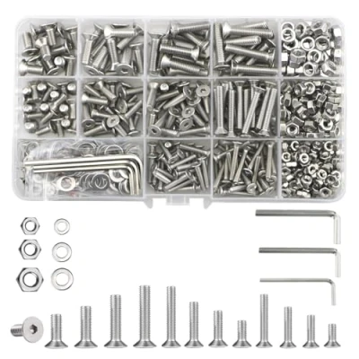 Afbeelding van 747 stuks bijpassende moeren en bouten (M3/M4/M5), zeshoekige platte kop met sluitringen, machineschroeven van roestvrij staal sleutel, inbussleutelbouten (zilver)