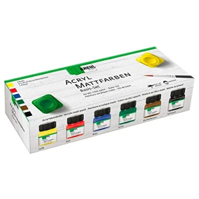 Afbeelding van KREUL 75600 Matte acrylverf in een set, romig dekkende, sneldrogende verf op waterbasis, geschikt voor vele verschillende ondergronden, 6 x 20 ml en penseel