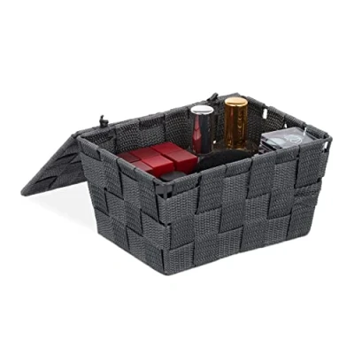 Afbeelding van Relaxdays opbergmand met deksel, kunststof, mandje voor badkamer, 1,8 l, HxBxD: ca. 10,5 x 19,5 14,5 cm, grijs