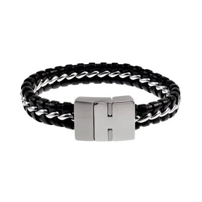 Afbeelding van 20cm Armband Heren Zwarte Leren RVS Gevlochten