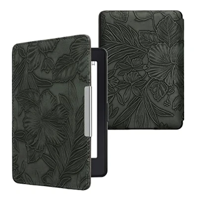 Afbeelding van kwmobile e reader hoesje compatibel met Amazon Kindle Paperwhite Magneetsluiting Ereader case Bloemen in reliëf groen