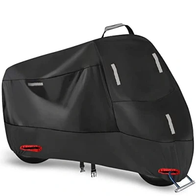 Afbeelding van 300D Waterdichte Motorhoes Buiten, Motorfietshoezen Regen UV Stofbescherming met 5 Reflecterende Strips en 2 Slotgaten, 1 Handgreep Opbergtas voor Motor Scooter Bromfiets (3XL: 265x105x125 cm)