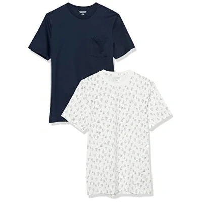 Afbeelding van Amazon Essentials Heren slim fit T shirt met korte mouwen en ronde hals, 2 stuks, marineblauw/bootprint, XS