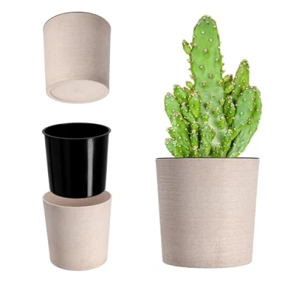Afbeelding van KADAX bloempot met houtspaanders, elegante inzet, pot, tuinkom, bloembak, bloempotbescherming voor woonkamer, kantoor, ⌀ 30 cm, crème