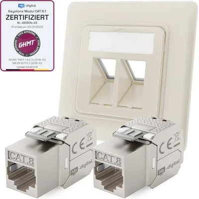 Afbeelding van hb digital 2 poorts CAT 8 netwerkcontactdoos inbouw RAL9010 + 2X GHMT gecertificeerd Keystone RJ45 module LAN Ethernet bus inbouwbus max. 40 Gbit/s STP zuiver wit