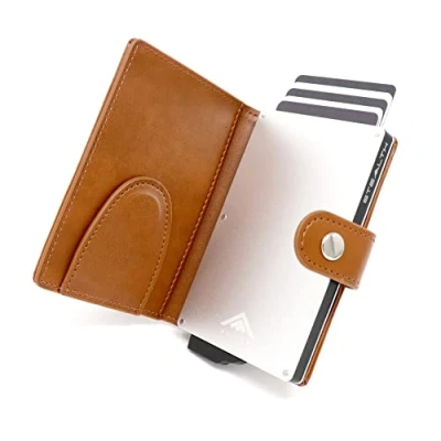 Afbeelding van STEALTH WALLET Minimalistische RFID Kaarthouder Slanke Lichtgewicht NFC Blokkerende Pop up Portemonnees (Zilver Aluminium met Bruin Leer en Geldclip)