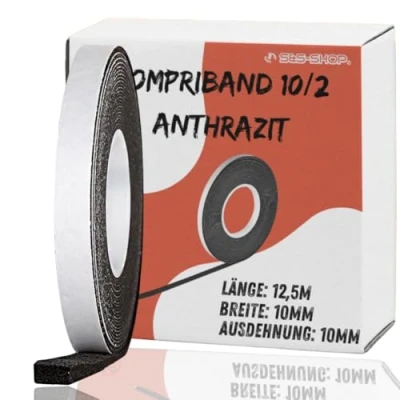 Afbeelding van 12,5 m comprimeertape acryl 300 10/2, antraciet bandbreedte 10 mm, geëxpandeerd van 2 tot bronband, afdichtingstape, compriband, voegafdichting, raamafdichtingstape