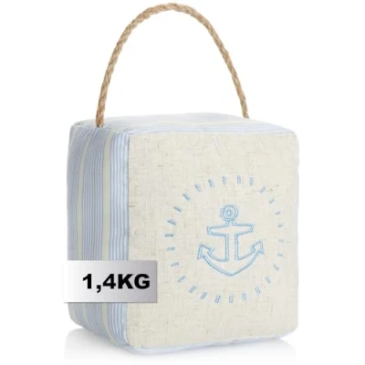 Afbeelding van COM FOUR® deurstopper met handgreep, zware deurvastzetter, functioneel woonaccessoire, stopper voor ramen en deuren, ideaal bij tocht (Hoekig lichtblauw + beige)