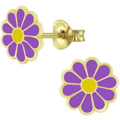 Afbeelding van JoyS Zilveren madelief bloem oorbellen paars 14k goudplating