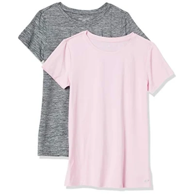 Afbeelding van Amazon Essentials Dames Tech Stretch T shirt met korte mouwen en ronde hals (verkrijgbaar in grote maten), 2 Pack, Grijs Ruimteverf/Lichtroze, S