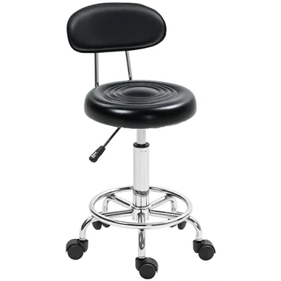 Afbeelding van HOMCOM Rollhocker höhenverstellbar Drehhocker Drehbar Salon Hocker mit Lehne, Rädern, Arbeitshocker Verstellbarer Fußstütze für Büro, Kunstleder, 32 x 40 70 86 cm, Schwarz