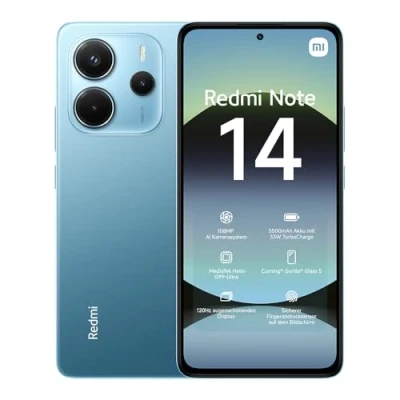 Afbeelding van Xiaomi Redmi Note 14 smartphone, 8+256GB, blue, 108MP AI camera system, 5500mAh batterij, 120Hz eye care display, features (oplader niet inclusief)