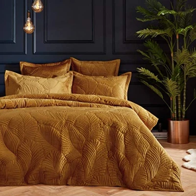 Afbeelding van Paoletti Palmeria Gewatteerde Super King Dekbedovertrek Set, Polyester, Goud
