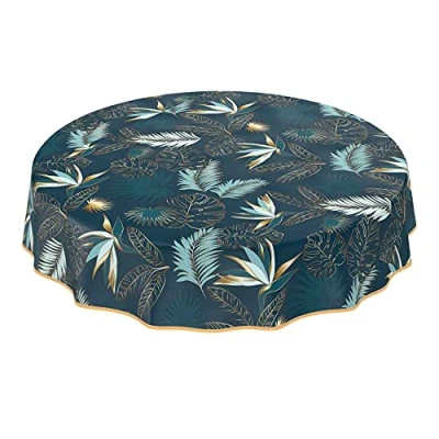 Afbeelding van ANRO Afwasbaar tuintafelkleed, tafelzeil, rond, ovaal, rechthoekig, voor binnen en buiten, bladeren, goud/blauw, 100 x 140 cm