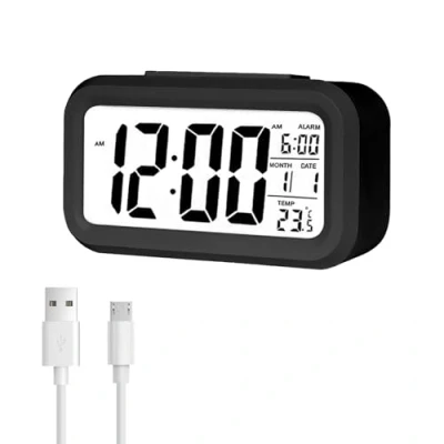 Afbeelding van Jsdoin Digitale wekker, led display, intelligent alarm met temperatuur, helderheidssensor, 12/24 uur, snooze functie en voor slaapkamer, thuis, kantoor (oplaadbaar, zwart)