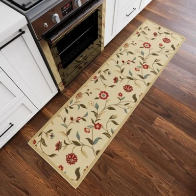 Afbeelding van Ottomanson Ottohome collectie tuin ontwerp moderne Skid (Non Slip) rubberen achterkant (1&#039;10&quot; X 7&#039;0&quot;, beige bloemen) gebied tapijt