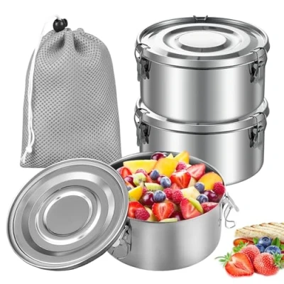 Afbeelding van 3 stuks roestvrijstalen broodtrommel, 360 ml voedselcontainer voor kinderen, lekvrije lunchbox roestvrij staal, snackbox metalen dozen met deksel, opbergdozen snacks, muesli,