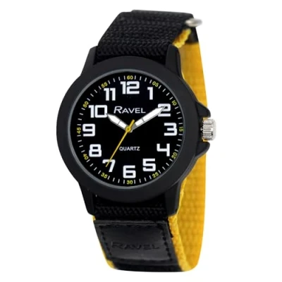 Afbeelding van Ravel Moderne werkkleding herenhorloge met Easy Fasten Strap Analoog Quartz R1601.65, Zwart/Geel Highlights, riem