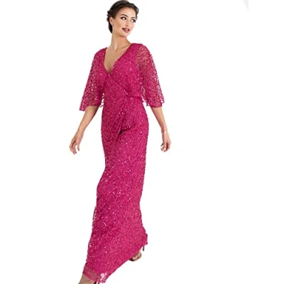 Afbeelding van Maya Deluxe Maxi dames pailletten verfraaid wrap A lijn jurk voor bruiloft gast bruidsmeisje avond prom bal gelegenheid, Fuchsia, 34