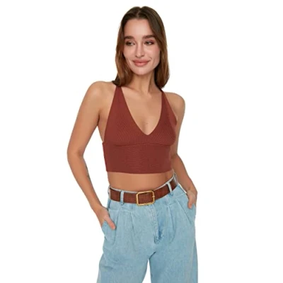 Afbeelding van Trendyol Bruine Super Cropped Rug Gedetailleerde Gebreide Dunne Blouse Twoss22Bz0760