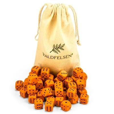Afbeelding van Waldfelsen 6, 12, 20, 30 of 50 hoogwaardige houten kubussen van echt beukenhout, 16 mm standaard dobbelstenen met stoffen zak, stuks, oranje