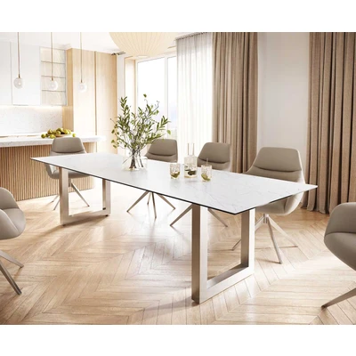 Afbeelding van Eettafel Edge keramiek Laminam® Statuarietto wit 300x100 roestvrij staal breed